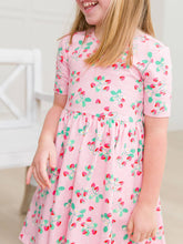 Load image into Gallery viewer, Girls Sweet As Strawberries Short Sleeve Knit Twirl Dress: Pink / 5