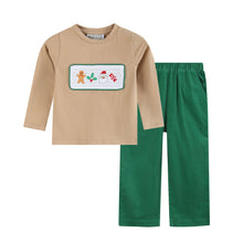 Load image into Gallery viewer, Light Brown Christmas Smocked Shirt and Green Corduroy Pants: 2T