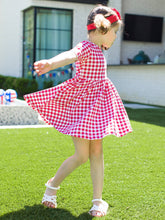 Load image into Gallery viewer, Girls Red Gingham Knit Short Sleeve Twirl Dress: Red / 5