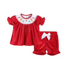 Load image into Gallery viewer, Red Velvet Christmas Smocked Dress and Bloomers Set: 6-12M
