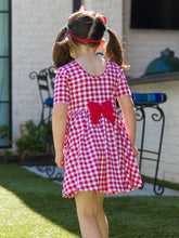 Load image into Gallery viewer, Girls Red Gingham Knit Short Sleeve Twirl Dress: Red / 5