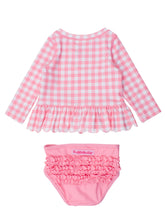 Load image into Gallery viewer, Girls Bubblegum Gingham Scalloped Long Sleeve Rash Guard 2-Piece: Pink / 2T