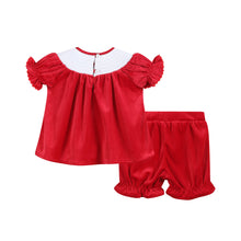 Load image into Gallery viewer, Red Velvet Christmas Smocked Dress and Bloomers Set: 6-12M