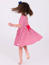 Load image into Gallery viewer, Girls Red Gingham Knit Short Sleeve Twirl Dress: Red / 2T