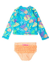 Load image into Gallery viewer, Girls Neon Tiki Vibes Long Sleeve Zipper Rash Guard 2-Piece: Blue / 5
