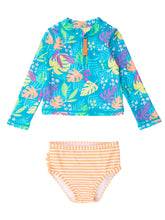 Load image into Gallery viewer, Girls Neon Tiki Vibes Long Sleeve Zipper Rash Guard 2-Piece: Blue / 5
