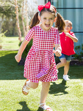 Load image into Gallery viewer, Girls Red Gingham Knit Short Sleeve Twirl Dress: Red / 2T
