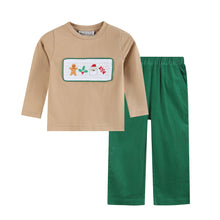 Load image into Gallery viewer, Light Brown Christmas Smocked Shirt and Green Corduroy Pants: 2T
