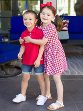 Load image into Gallery viewer, Girls Red Gingham Knit Short Sleeve Twirl Dress: Red / 5
