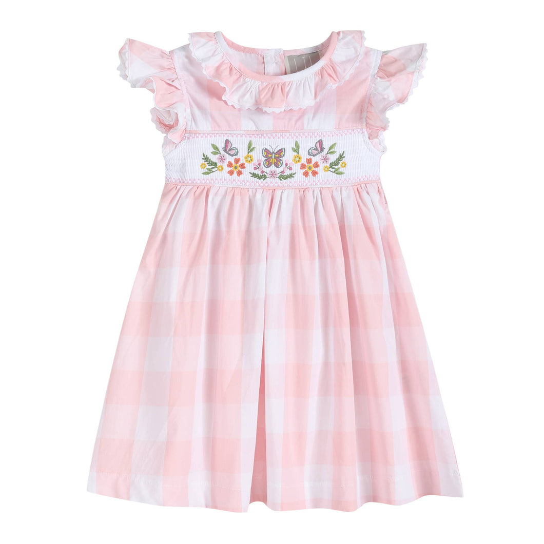 Large Pink Check Butterfly Garden Smocked Dress: 3-6M