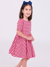 Load image into Gallery viewer, Girls Red Gingham Knit Short Sleeve Twirl Dress: Red / 2T

