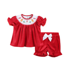 Load image into Gallery viewer, Red Velvet Christmas Smocked Dress and Bloomers Set: 6-12M
