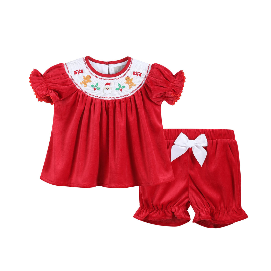 Red Velvet Christmas Smocked Dress and Bloomers Set: 6-12M