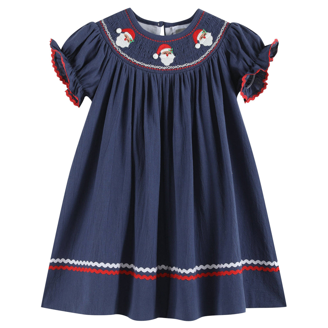 Navy Blue Santa Smocked Bishop Dress: Navy / 6-12M