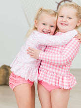 Load image into Gallery viewer, Girls Bubblegum Gingham Scalloped Long Sleeve Rash Guard 2-Piece: Pink / 4T
