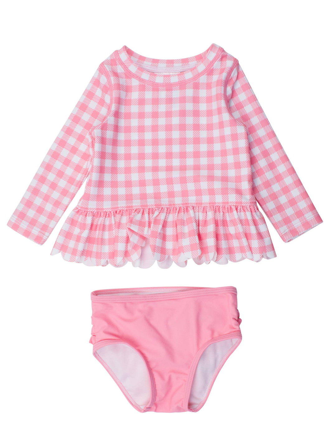 Girls Bubblegum Gingham Scalloped Long Sleeve Rash Guard 2-Piece: Pink / 4T