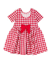 Load image into Gallery viewer, Girls Red Gingham Knit Short Sleeve Twirl Dress: Red / 2T
